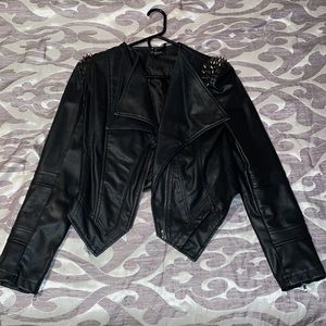 Black faux leather jacket with studded shoulder detail